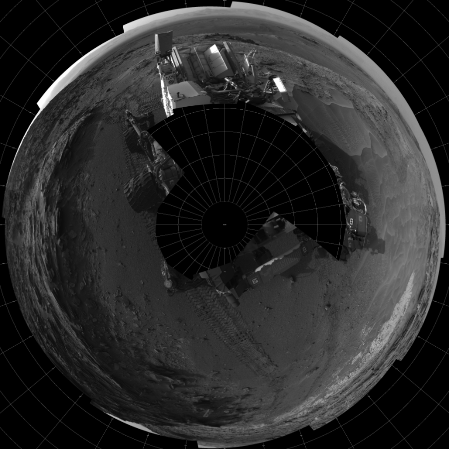 NASA's Mars rover Curiosity took 19 images in Gale Crater using its mast-mounted Left Navigation Camera (Navcam) to create this mosaic. The seam-corrected mosaic provides a polar stereographic projection panorama of the Martian surface with 0 degrees azimuth (measured clockwise from north) at the top of the image. Curiosity took the images on July 15, 2015, Sol 1044 of the Mars Science Laboratory mission at drive 2200, site number 48. The local mean solar time for the image exposures was 5 PM. Each Navcam image has a 45-degree field of view. CREDIT: NASA/JPL-Caltech