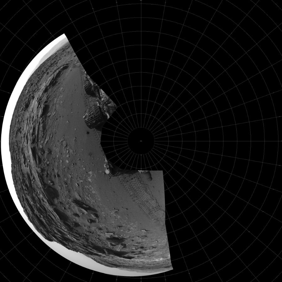 NASA's Mars rover Curiosity took 10 images in Gale Crater using its mast-mounted Left Navigation Camera (Navcam) to create this mosaic. The seam-corrected mosaic provides a polar stereographic projection panorama of the Martian surface with 0 degrees azimuth (measured clockwise from north) at the top of the image. Curiosity took the images on July 17, 2015, Sol 1046 of the Mars Science Laboratory mission at drive 2224, site number 48. The local mean solar time for the image exposures was 3 PM. Each Navcam image has a 45-degree field of view. CREDIT: NASA/JPL-Caltech