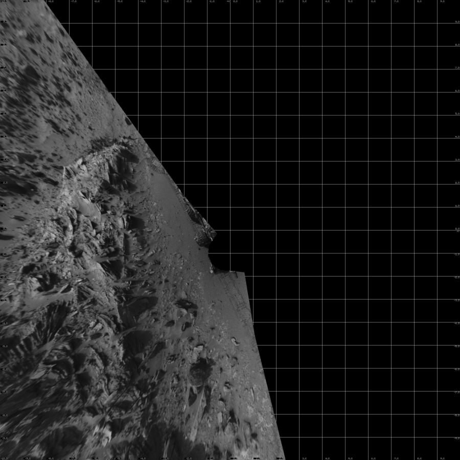 NASA's Mars rover Curiosity took 10 images in Gale Crater using its mast-mounted Left Navigation Camera (Navcam) to create this mosaic. The seam-corrected mosaic provides a vertical projection of the Martian surface near the rover, covering an area of 20 meters (north/south) by 20 meters (east/west). North is up in the image. This projection provides an overhead view, but introduces distortion for items not on the surface, such as large rocks and the rover itself.  Curiosity took the images on July 17, 2015, Sol 1046 of the Mars Science Laboratory mission at drive 2224, site number 48. The local mean solar time for the image exposures was 3 PM. Each Navcam image has a 45-degree field of view. CREDIT: NASA/JPL-Caltech