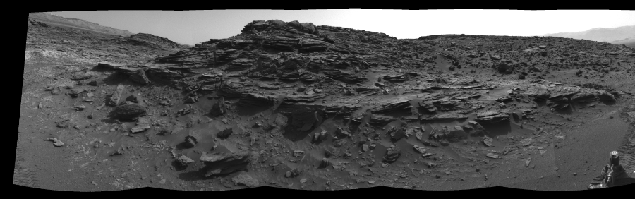 NASA's Mars rover Curiosity took 5 images in Gale Crater using its mast-mounted Right Navigation Camera (Navcam) to create this mosaic. The seam-corrected mosaic provides a 163-degree cylindrical-perspective projection panorama of the Martian surface suitable for stereo viewing, centered at 83 degrees azimuth (measured clockwise from north). This single-eye view must be combined with the partner left image to be viewed in stereo.  Curiosity took the images on July 17, 2015, Sol 1046 of the Mars Science Laboratory mission at drive 2224, site number 48. The local mean solar time for the image exposures was 3 PM. Each Navcam image has a 45-degree field of view. CREDIT: NASA/JPL-Caltech