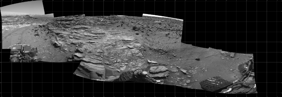 NASA's Mars rover Curiosity took 11 images in Gale Crater using its mast-mounted Left Navigation Camera (Navcam) to create this mosaic. The seam-corrected mosaic provides a 276-degree cylindrical projection panorama of the Martian surface centered at 267 degrees azimuth (measured clockwise from north). Curiosity took the images on August 06, 2015, Sol 1066 of the Mars Science Laboratory mission at drive 2794, site number 48. The local mean solar time for the image exposures was 2 PM. Each Navcam image has a 45 degree field of view. CREDIT: NASA/JPL-Caltech
