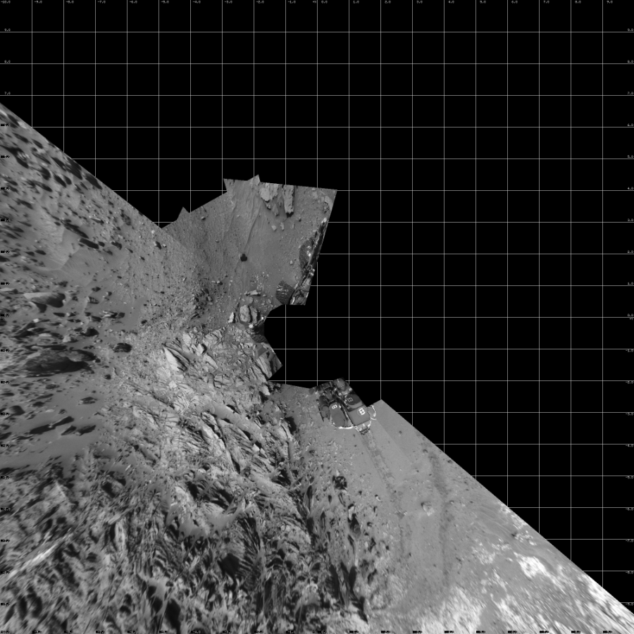 NASA's Mars rover Curiosity took 11 images in Gale Crater using its mast-mounted Left Navigation Camera (Navcam) to create this mosaic. The seam-corrected mosaic provides a vertical projection of the Martian surface near the rover, covering an area of 20 meters (north/south) by 20 meters (east/west). North is up in the image. This projection provides an overhead view, but introduces distortion for items not on the surface, such as large rocks and the rover itself.  Curiosity took the images on August 06, 2015, Sol 1066 of the Mars Science Laboratory mission at drive 2794, site number 48. The local mean solar time for the image exposures was 2 PM. Each Navcam image has a 45-degree field of view. CREDIT: NASA/JPL-Caltech