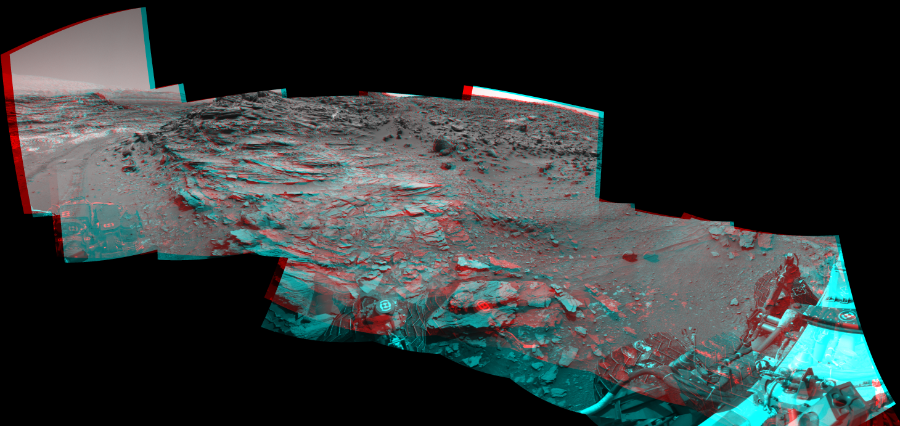 NASA's Mars rover Curiosity took 11 image pairs in Gale Crater using its mast-mounted Navigation Camera (Navcam) to create this mosaic. The seam-corrected mosaic provides a 269-degree cylindrical perspective projection panorama of the Martian surface suitable for stereo viewing, centered at 51 degrees azimuth (measured clockwise from north). This anaglyph must be viewed with red/blue glasses (red over left eye).  Curiosity took the images on August 06, 2015, Sol 1066 of the Mars Science Laboratory mission at drive 2794, site number 48. The local mean solar time for the image exposures was 2 PM. Each Navcam image has a 45-degree field of view. CREDIT: NASA/JPL-Caltech