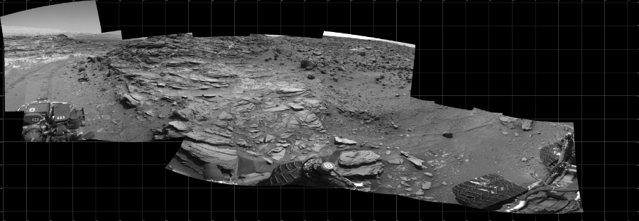 NASA's Mars rover Curiosity took 11 images in Gale Crater using its mast-mounted Left Navigation Camera (Navcam) to create this mosaic. The seam-corrected mosaic provides a 276-degree cylindrical projection panorama of the Martian surface centered at 267 degrees azimuth (measured clockwise from north). Curiosity took the images on August 06, 2015, Sol 1066 of the Mars Science Laboratory mission at drive 2794, site number 48. The local mean solar time for the image exposures was 2 PM. Each Navcam image has a 45 degree field of view. CREDIT: NASA/JPL-Caltech