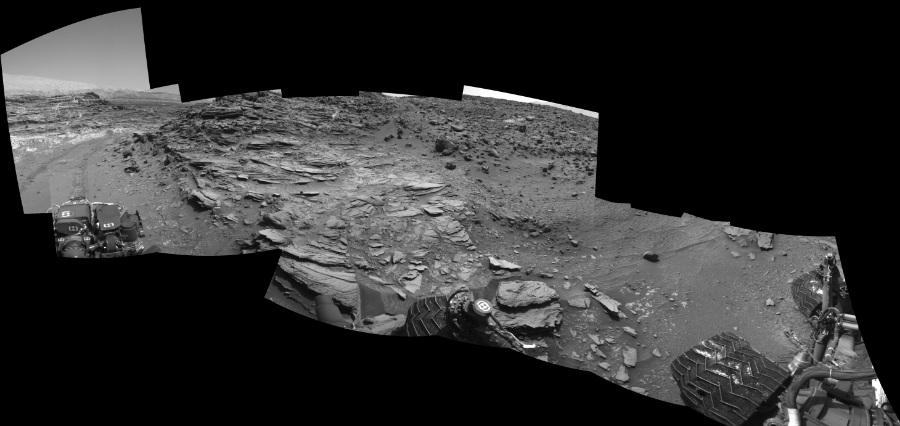 NASA's Mars rover Curiosity took 11 images in Gale Crater using its mast-mounted Left Navigation Camera (Navcam) to create this mosaic. The seam-corrected mosaic provides a 269-degree cylindrical-perspective projection panorama of the Martian surface suitable for stereo viewing, centered at 51 degrees azimuth (measured clockwise from north). This single-eye view must be combined with the partner right image to be viewed in stereo.  Curiosity took the images on August 06, 2015, Sol 1066 of the Mars Science Laboratory mission at drive 2794, site number 48. The local mean solar time for the image exposures was 2 PM. Each Navcam image has a 45-degree field of view. CREDIT: NASA/JPL-Caltech