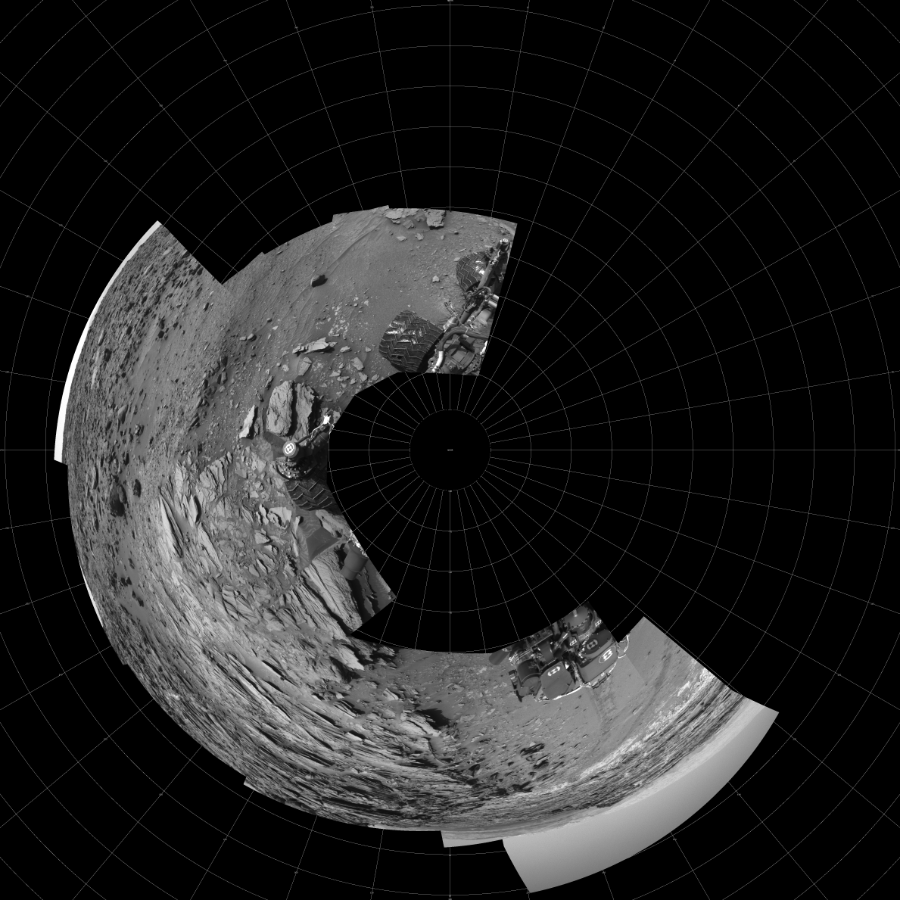 NASA's Mars rover Curiosity took 11 images in Gale Crater using its mast-mounted Left Navigation Camera (Navcam) to create this mosaic. The seam-corrected mosaic provides a polar stereographic projection panorama of the Martian surface with 0 degrees azimuth (measured clockwise from north) at the top of the image. Curiosity took the images on August 06, 2015, Sol 1066 of the Mars Science Laboratory mission at drive 2794, site number 48. The local mean solar time for the image exposures was 2 PM. Each Navcam image has a 45-degree field of view. CREDIT: NASA/JPL-Caltech