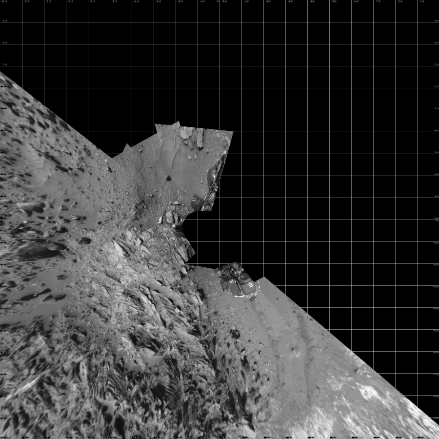 NASA's Mars rover Curiosity took 11 images in Gale Crater using its mast-mounted Left Navigation Camera (Navcam) to create this mosaic. The seam-corrected mosaic provides a vertical projection of the Martian surface near the rover, covering an area of 20 meters (north/south) by 20 meters (east/west). North is up in the image. This projection provides an overhead view, but introduces distortion for items not on the surface, such as large rocks and the rover itself.  Curiosity took the images on August 06, 2015, Sol 1066 of the Mars Science Laboratory mission at drive 2794, site number 48. The local mean solar time for the image exposures was 2 PM. Each Navcam image has a 45-degree field of view. CREDIT: NASA/JPL-Caltech