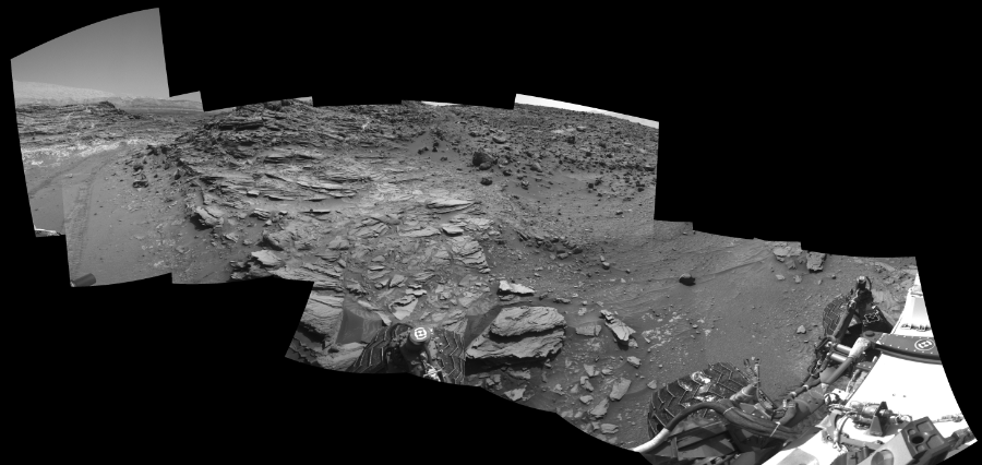 NASA's Mars rover Curiosity took 11 images in Gale Crater using its mast-mounted Right Navigation Camera (Navcam) to create this mosaic. The seam-corrected mosaic provides a 269-degree cylindrical-perspective projection panorama of the Martian surface suitable for stereo viewing, centered at 49 degrees azimuth (measured clockwise from north). This single-eye view must be combined with the partner left image to be viewed in stereo.  Curiosity took the images on August 06, 2015, Sol 1066 of the Mars Science Laboratory mission at drive 2794, site number 48. The local mean solar time for the image exposures was 2 PM. Each Navcam image has a 45-degree field of view. CREDIT: NASA/JPL-Caltech