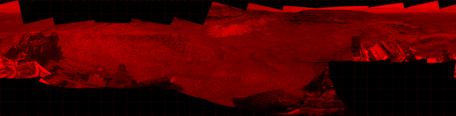 NASA's Mars rover Curiosity took 19 images in Gale Crater using its mast-mounted Left Navigation Camera (Navcam) to create this mosaic. The seam-corrected mosaic provides a 360-degree cylindrical projection panorama of the Martian surface centered at 180 degrees azimuth (measured clockwise from north). Curiosity took the images on July 20, 2015, Sol 1049 of the Mars Science Laboratory mission at drive 2422, site number 48. The local mean solar time for the image exposures was 2 PM. Each Navcam image has a 45 degree field of view. CREDIT: NASA/JPL-Caltech