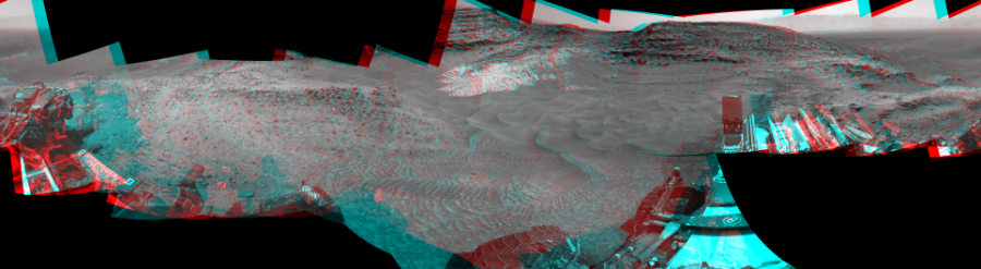 NASA's Mars rover Curiosity took 19 image pairs in Gale Crater using its mast-mounted Navigation Camera (Navcam) to create this mosaic. The seam-corrected mosaic provides a 360-degree cylindrical perspective projection panorama of the Martian surface suitable for stereo viewing, centered at 93 degrees azimuth (measured clockwise from north). This anaglyph must be viewed with red/blue glasses (red over left eye).  Curiosity took the images on July 20, 2015, Sol 1049 of the Mars Science Laboratory mission at drive 2422, site number 48. The local mean solar time for the image exposures was 2 PM. Each Navcam image has a 45-degree field of view. CREDIT: NASA/JPL-Caltech