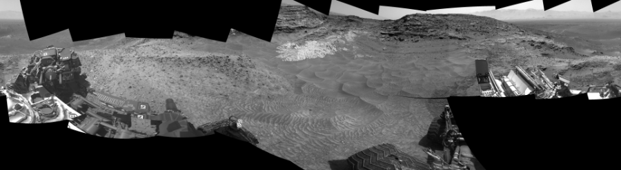 NASA's Mars rover Curiosity took 19 images in Gale Crater using its mast-mounted Left Navigation Camera (Navcam) to create this mosaic. The seam-corrected mosaic provides a 360-degree cylindrical-perspective projection panorama of the Martian surface suitable for stereo viewing, centered at 93 degrees azimuth (measured clockwise from north). This single-eye view must be combined with the partner right image to be viewed in stereo.  Curiosity took the images on July 20, 2015, Sol 1049 of the Mars Science Laboratory mission at drive 2422, site number 48. The local mean solar time for the image exposures was 2 PM. Each Navcam image has a 45-degree field of view. CREDIT: NASA/JPL-Caltech