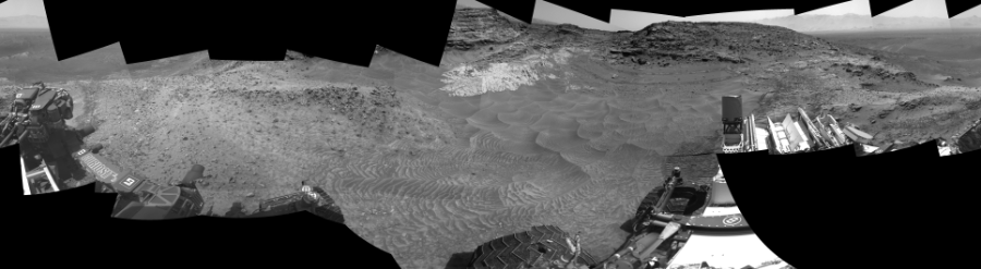NASA's Mars rover Curiosity took 19 images in Gale Crater using its mast-mounted Right Navigation Camera (Navcam) to create this mosaic. The seam-corrected mosaic provides a 360-degree cylindrical-perspective projection panorama of the Martian surface suitable for stereo viewing, centered at 88 degrees azimuth (measured clockwise from north). This single-eye view must be combined with the partner left image to be viewed in stereo.  Curiosity took the images on July 20, 2015, Sol 1049 of the Mars Science Laboratory mission at drive 2422, site number 48. The local mean solar time for the image exposures was 2 PM. Each Navcam image has a 45-degree field of view. CREDIT: NASA/JPL-Caltech