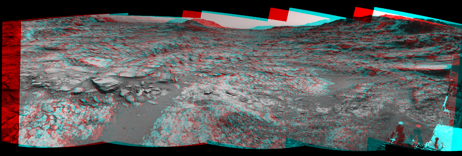 NASA's Mars rover Curiosity took 5 image pairs in Gale Crater using its mast-mounted Navigation Camera (Navcam) to create this mosaic. The seam-corrected mosaic provides a 163-degree cylindrical perspective projection panorama of the Martian surface suitable for stereo viewing, centered at 98 degrees azimuth (measured clockwise from north). This anaglyph must be viewed with red/blue glasses (red over left eye). Curiosity took the images on August 08, 2015, Sol 1067 of the Mars Science Laboratory mission at drive 0, site number 49. The local mean solar time for the image exposures was 2 PM. Each Navcam image has a 45-degree field of view. CREDIT: NASA/JPL-Caltech