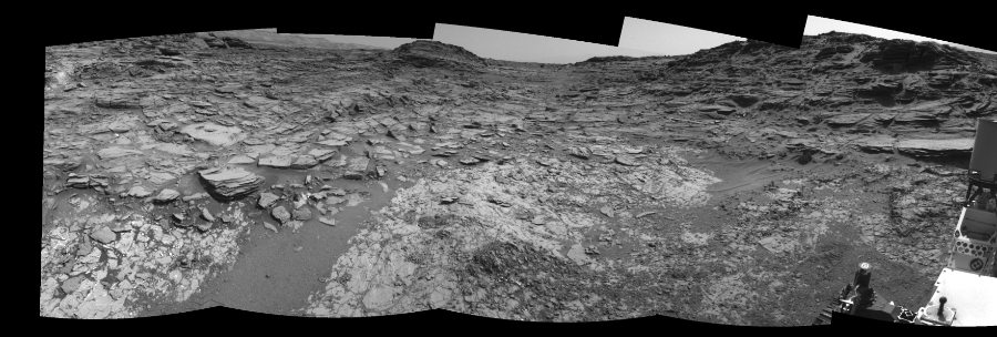 NASA's Mars rover Curiosity took 5 images in Gale Crater using its mast-mounted Right Navigation Camera (Navcam) to create this mosaic. The seam-corrected mosaic provides a 163-degree cylindrical-perspective projection panorama of the Martian surface suitable for stereo viewing, centered at 91 degrees azimuth (measured clockwise from north). This single-eye view must be combined with the partner left image to be viewed in stereo.  Curiosity took the images on August 08, 2015, Sol 1067 of the Mars Science Laboratory mission at drive 0, site number 49. The local mean solar time for the image exposures was 2 PM. Each Navcam image has a 45-degree field of view. CREDIT: NASA/JPL-Caltech