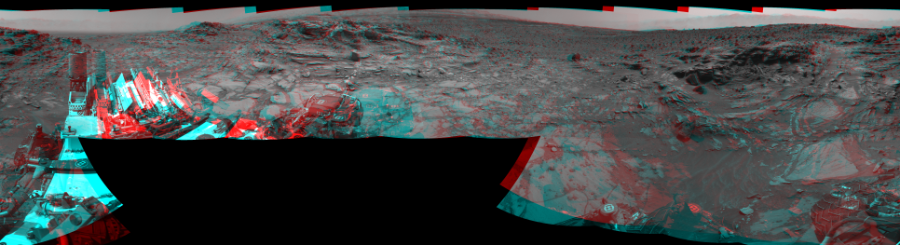 NASA's Mars rover Curiosity took 17 image pairs in Gale Crater using its mast-mounted Navigation Camera (Navcam) to create this mosaic. The seam-corrected mosaic provides a 360-degree cylindrical perspective projection panorama of the Martian surface suitable for stereo viewing, centered at 329 degrees azimuth (measured clockwise from north). This anaglyph must be viewed with red/blue glasses (red over left eye).  Curiosity took the images on August 13, 2015, Sol 1072 of the Mars Science Laboratory mission at drive 294, site number 49. The local mean solar time for the image exposures was 2 PM. Each Navcam image has a 45-degree field of view. CREDIT: NASA/JPL-Caltech