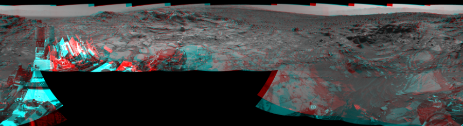 NASA's Mars rover Curiosity took 17 image pairs in Gale Crater using its mast-mounted Navigation Camera (Navcam) to create this mosaic. The seam-corrected mosaic provides a 360-degree cylindrical perspective projection panorama of the Martian surface suitable for stereo viewing, centered at 329 degrees azimuth (measured clockwise from north). This anaglyph must be viewed with red/blue glasses (red over left eye).  Curiosity took the images on August 13, 2015, Sol 1072 of the Mars Science Laboratory mission at drive 294, site number 49. The local mean solar time for the image exposures was 2 PM. Each Navcam image has a 45-degree field of view. CREDIT: NASA/JPL-Caltech