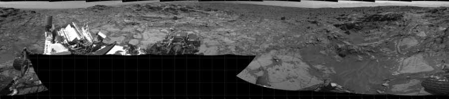 NASA's Mars rover Curiosity took 17 images in Gale Crater using its mast-mounted Left Navigation Camera (Navcam) to create this mosaic. The seam-corrected mosaic provides a 360-degree cylindrical projection panorama of the Martian surface centered at 180 degrees azimuth (measured clockwise from north). Curiosity took the images on August 13, 2015, Sol 1072 of the Mars Science Laboratory mission at drive 294, site number 49. The local mean solar time for the image exposures was 2 PM. Each Navcam image has a 45 degree field of view. CREDIT: NASA/JPL-Caltech