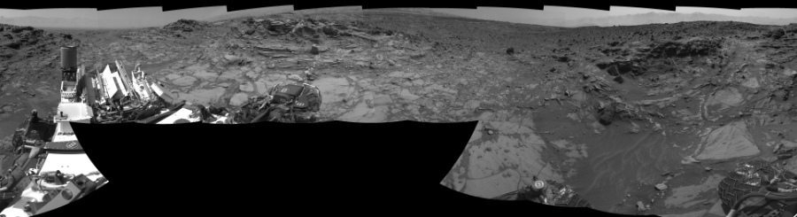 NASA's Mars rover Curiosity took 17 images in Gale Crater using its mast-mounted Right Navigation Camera (Navcam) to create this mosaic. The seam-corrected mosaic provides a 0-degree cylindrical-perspective projection panorama of the Martian surface suitable for stereo viewing, centered at 144 degrees azimuth (measured clockwise from north). This single-eye view must be combined with the partner left image to be viewed in stereo.  Curiosity took the images on August 13, 2015, Sol 1072 of the Mars Science Laboratory mission at drive 294, site number 49. The local mean solar time for the image exposures was 2 PM. Each Navcam image has a 45-degree field of view. CREDIT: NASA/JPL-Caltech
