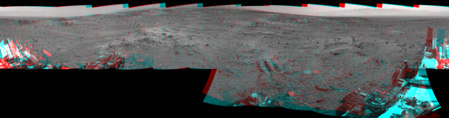 NASA's Mars rover Curiosity took 17 image pairs in Gale Crater using its mast-mounted Navigation Camera (Navcam) to create this mosaic. The seam-corrected mosaic provides a 360-degree cylindrical perspective projection panorama of the Martian surface suitable for stereo viewing, centered at 15 degrees azimuth (measured clockwise from north). This anaglyph must be viewed with red/blue glasses (red over left eye).  Curiosity took the images on August 14, 2015, Sol 1073 of the Mars Science Laboratory mission at drive 642, site number 49. The local mean solar time for the image exposures was 2 PM. Each Navcam image has a 45-degree field of view. CREDIT: NASA/JPL-Caltech