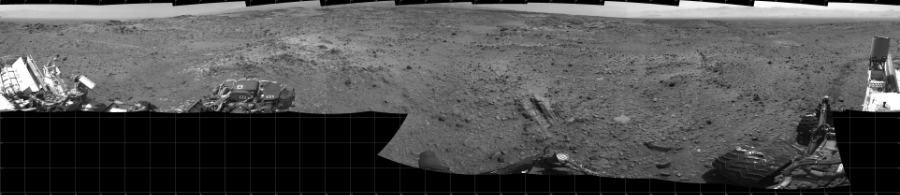 NASA's Mars rover Curiosity took 17 images in Gale Crater using its mast-mounted Left Navigation Camera (Navcam) to create this mosaic. The seam-corrected mosaic provides a 360-degree cylindrical projection panorama of the Martian surface centered at 180 degrees azimuth (measured clockwise from north). Curiosity took the images on August 14, 2015, Sol 1073 of the Mars Science Laboratory mission at drive 642, site number 49. The local mean solar time for the image exposures was 2 PM. Each Navcam image has a 45 degree field of view. CREDIT: NASA/JPL-Caltech