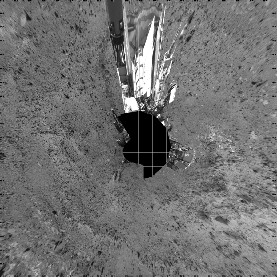 NASA's Mars rover Curiosity took 17 images in Gale Crater using its mast-mounted Left Navigation Camera (Navcam) to create this mosaic. The seam-corrected mosaic provides a vertical projection of the Martian surface near the rover, covering an area of 20 meters (north/south) by 20 meters (east/west). North is up in the image. This projection provides an overhead view, but introduces distortion for items not on the surface, such as large rocks and the rover itself.  Curiosity took the images on August 14, 2015, Sol 1073 of the Mars Science Laboratory mission at drive 642, site number 49. The local mean solar time for the image exposures was 2 PM. Each Navcam image has a 45-degree field of view. CREDIT: NASA/JPL-Caltech