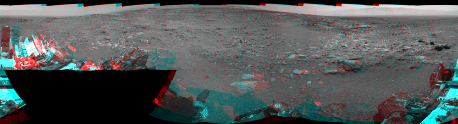 NASA's Mars rover Curiosity took 19 image pairs in Gale Crater using its mast-mounted Navigation Camera (Navcam) to create this mosaic. The seam-corrected mosaic provides a 360-degree cylindrical perspective projection panorama of the Martian surface suitable for stereo viewing, centered at 357 degrees azimuth (measured clockwise from north). This anaglyph must be viewed with red/blue glasses (red over left eye).  Curiosity took the images on August 15, 2015, Sol 1074 of the Mars Science Laboratory mission at drive 814, site number 49. The local mean solar time for the image exposures was 1 PM. Each Navcam image has a 45-degree field of view. CREDIT: NASA/JPL-Caltech
