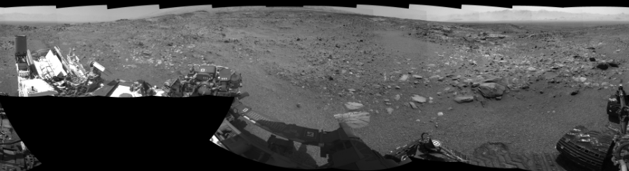 NASA's Mars rover Curiosity took 19 images in Gale Crater using its mast-mounted Left Navigation Camera (Navcam) to create this mosaic. The seam-corrected mosaic provides a 360-degree cylindrical-perspective projection panorama of the Martian surface suitable for stereo viewing, centered at 357 degrees azimuth (measured clockwise from north). This single-eye view must be combined with the partner right image to be viewed in stereo.  Curiosity took the images on August 15, 2015, Sol 1074 of the Mars Science Laboratory mission at drive 814, site number 49. The local mean solar time for the image exposures was 1 PM. Each Navcam image has a 45-degree field of view. CREDIT: NASA/JPL-Caltech