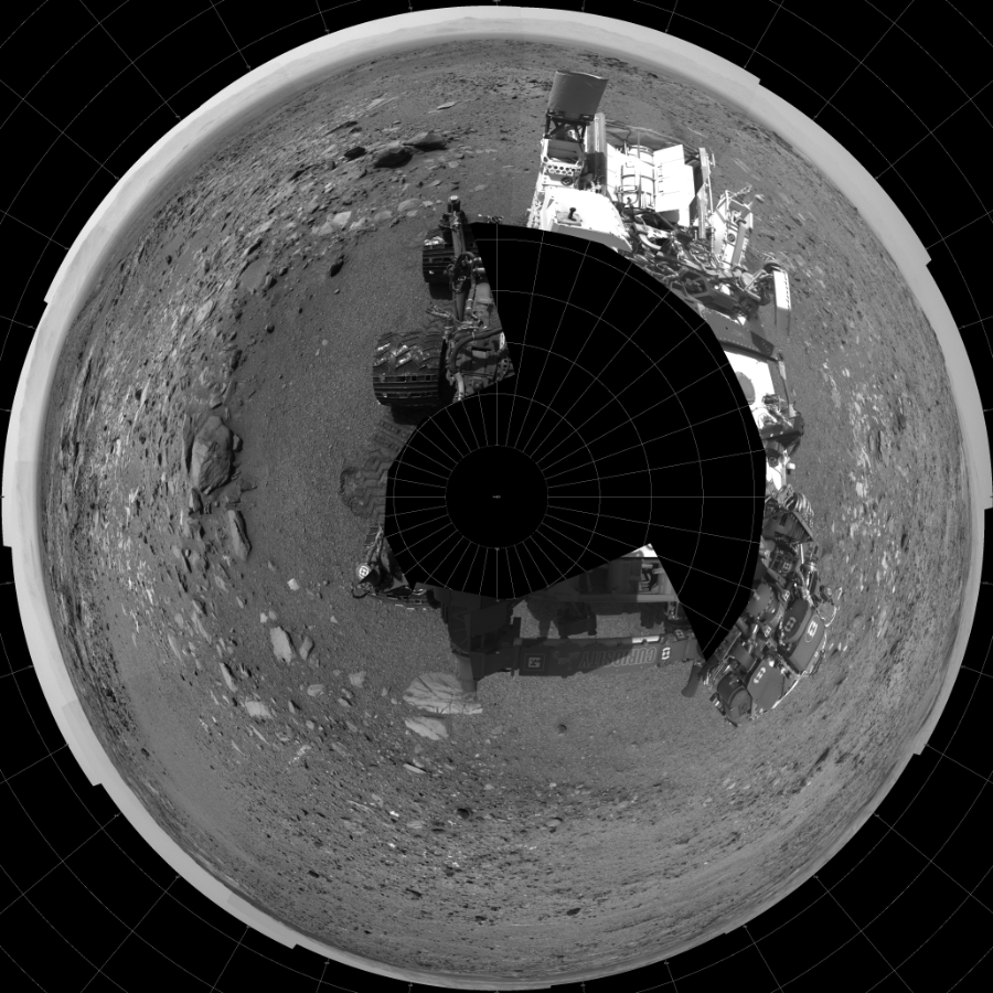 NASA's Mars rover Curiosity took 19 images in Gale Crater using its mast-mounted Left Navigation Camera (Navcam) to create this mosaic. The seam-corrected mosaic provides a polar stereographic projection panorama of the Martian surface with 0 degrees azimuth (measured clockwise from north) at the top of the image. Curiosity took the images on August 15, 2015, Sol 1074 of the Mars Science Laboratory mission at drive 814, site number 49. The local mean solar time for the image exposures was 1 PM. Each Navcam image has a 45-degree field of view. CREDIT: NASA/JPL-Caltech