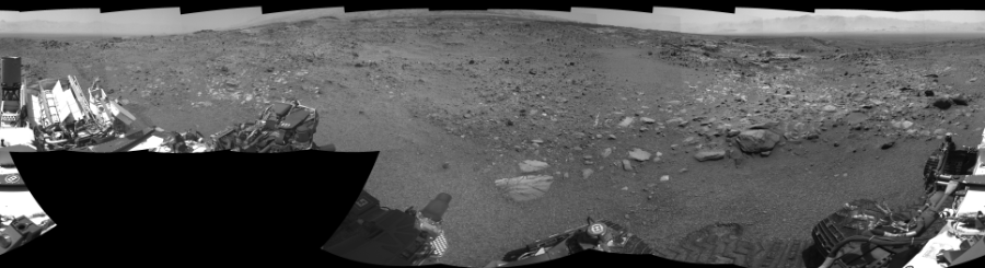NASA's Mars rover Curiosity took 19 images in Gale Crater using its mast-mounted Right Navigation Camera (Navcam) to create this mosaic. The seam-corrected mosaic provides a 360-degree cylindrical-perspective projection panorama of the Martian surface suitable for stereo viewing, centered at 352 degrees azimuth (measured clockwise from north). This single-eye view must be combined with the partner left image to be viewed in stereo.  Curiosity took the images on August 15, 2015, Sol 1074 of the Mars Science Laboratory mission at drive 814, site number 49. The local mean solar time for the image exposures was 1 PM. Each Navcam image has a 45-degree field of view. CREDIT: NASA/JPL-Caltech