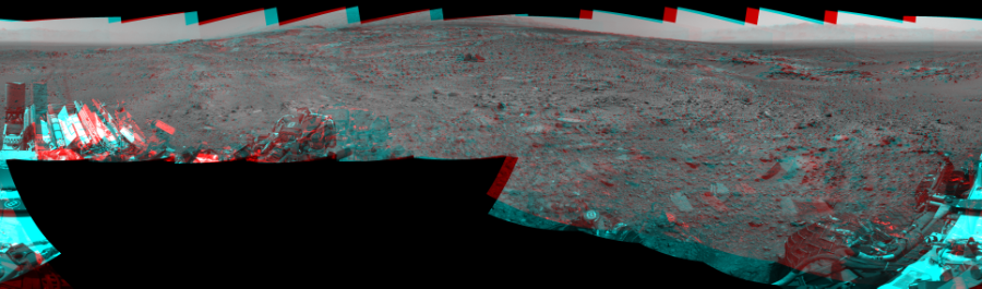 NASA's Mars rover Curiosity took 17 image pairs in Gale Crater using its mast-mounted Navigation Camera (Navcam) to create this mosaic. The seam-corrected mosaic provides a 360-degree cylindrical perspective projection panorama of the Martian surface suitable for stereo viewing, centered at 354 degrees azimuth (measured clockwise from north). This anaglyph must be viewed with red/blue glasses (red over left eye). Curiosity took the images on August 19, 2015, Sol 1078 of the Mars Science Laboratory mission at drive 1018, site number 49. The local mean solar time for the image exposures was from 1 PM to 2 PM. Each Navcam image has a 45-degree field of view. CREDIT: NASA/JPL-Caltech