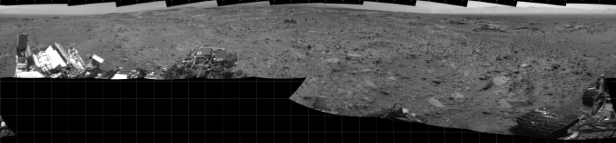 NASA's Mars rover Curiosity took 17 images in Gale Crater using its mast-mounted Left Navigation Camera (Navcam) to create this mosaic. The seam-corrected mosaic provides a 360-degree cylindrical projection panorama of the Martian surface centered at 180 degrees azimuth (measured clockwise from north). Curiosity took the images on August 19, 2015, Sol 1078 of the Mars Science Laboratory mission at drive 1018, site number 49. The local mean solar time for the image exposures was from 1 PM to 2 PM. Each Navcam image has a 45 degree field of view. CREDIT: NASA/JPL-Caltech
