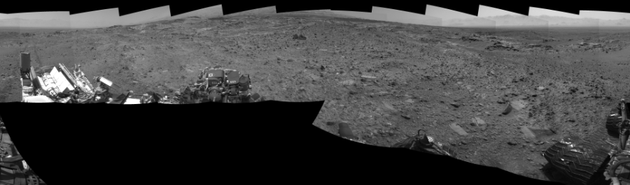 NASA's Mars rover Curiosity took 17 images in Gale Crater using its mast-mounted Left Navigation Camera (Navcam) to create this mosaic. The seam-corrected mosaic provides a 360-degree cylindrical-perspective projection panorama of the Martian surface suitable for stereo viewing, centered at 354 degrees azimuth (measured clockwise from north). This single-eye view must be combined with the partner right image to be viewed in stereo.  Curiosity took the images on August 19, 2015, Sol 1078 of the Mars Science Laboratory mission at drive 1018, site number 49. The local mean solar time for the image exposures was from 1 PM to 2 PM. Each Navcam image has a 45-degree field of view. CREDIT: NASA/JPL-Caltech