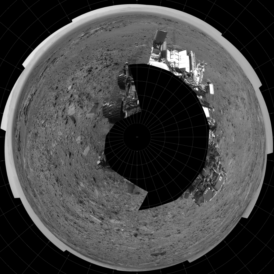 NASA's Mars rover Curiosity took 17 images in Gale Crater using its mast-mounted Left Navigation Camera (Navcam) to create this mosaic. The seam-corrected mosaic provides a polar stereographic projection panorama of the Martian surface with 0 degrees azimuth (measured clockwise from north) at the top of the image. Curiosity took the images on August 19, 2015, Sol 1078 of the Mars Science Laboratory mission at drive 1018, site number 49. The local mean solar time for the image exposures was from 1 PM to 2 PM. Each Navcam image has a 45-degree field of view. CREDIT: NASA/JPL-Caltech