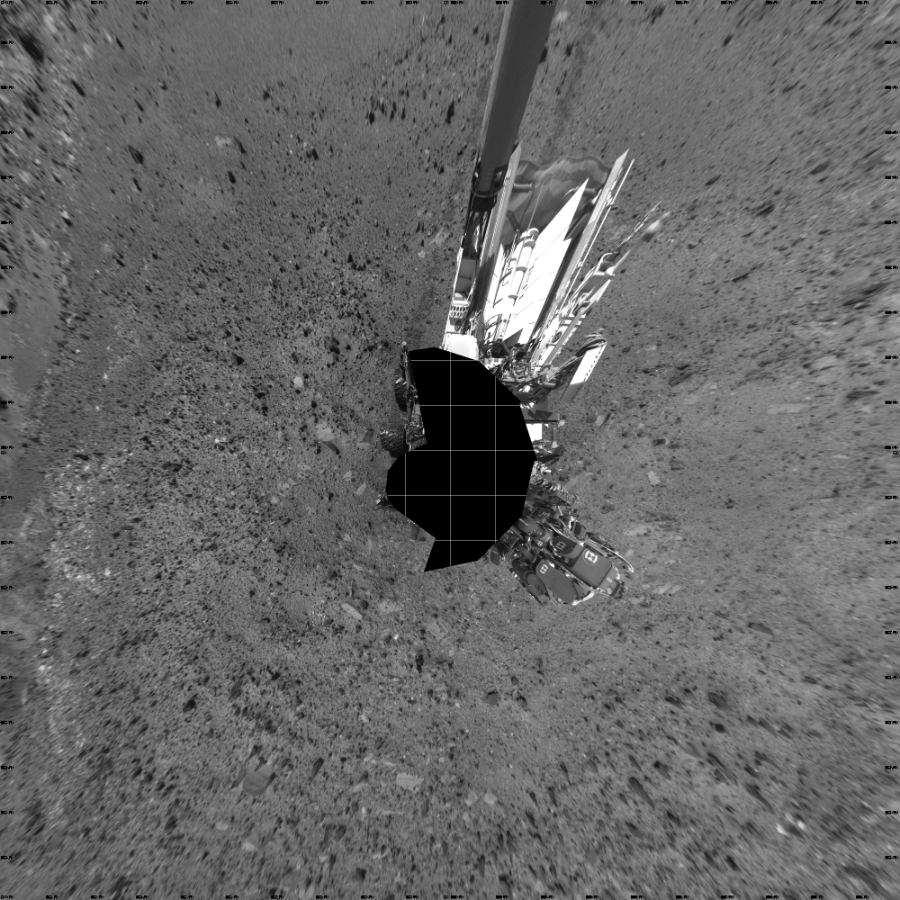 NASA's Mars rover Curiosity took 17 images in Gale Crater using its mast-mounted Left Navigation Camera (Navcam) to create this mosaic. The seam-corrected mosaic provides a vertical projection of the Martian surface near the rover, covering an area of 20 meters (north/south) by 20 meters (east/west). North is up in the image. This projection provides an overhead view, but introduces distortion for items not on the surface, such as large rocks and the rover itself.  Curiosity took the images on August 19, 2015, Sol 1078 of the Mars Science Laboratory mission at drive 1018, site number 49. The local mean solar time for the image exposures was from 1 PM to 2 PM. Each Navcam image has a 45-degree field of view. CREDIT: NASA/JPL-Caltech