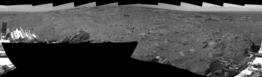 NASA's Mars rover Curiosity took 17 images in Gale Crater using its mast-mounted Right Navigation Camera (Navcam) to create this mosaic. The seam-corrected mosaic provides a 0-degree cylindrical-perspective projection panorama of the Martian surface suitable for stereo viewing, centered at 170 degrees azimuth (measured clockwise from north). This single-eye view must be combined with the partner left image to be viewed in stereo. Curiosity took the images on August 19, 2015, Sol 1078 of the Mars Science Laboratory mission at drive 1018, site number 49. The local mean solar time for the image exposures was from 1 PM to 2 PM. Each Navcam image has a 45-degree field of view. CREDIT: NASA/JPL-Caltech