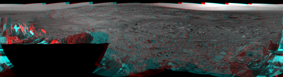 NASA's Mars rover Curiosity took 18 image pairs in Gale Crater using its mast-mounted Navigation Camera (Navcam) to create this mosaic. The seam-corrected mosaic provides a 360-degree cylindrical perspective projection panorama of the Martian surface suitable for stereo viewing, centered at 358 degrees azimuth (measured clockwise from north). This anaglyph must be viewed with red/blue glasses (red over left eye).  Curiosity took the images on August 21, 2015, Sol 1080 of the Mars Science Laboratory mission at drive 1216, site number 49. The local mean solar time for the image exposures was from 3 PM to 4 PM. Each Navcam image has a 45-degree field of view. CREDIT: NASA/JPL-Caltech