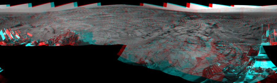 NASA's Mars rover Curiosity took 17 image pairs in Gale Crater using its mast-mounted Navigation Camera (Navcam) to create this mosaic. The seam-corrected mosaic provides a 360-degree cylindrical perspective projection panorama of the Martian surface suitable for stereo viewing, centered at 17 degrees azimuth (measured clockwise from north). This anaglyph must be viewed with red/blue glasses (red over left eye).  Curiosity took the images on August 24, 2015, Sol 1083 of the Mars Science Laboratory mission at drive 1420, site number 49. The local mean solar time for the image exposures was from 3 PM to 4 PM. Each Navcam image has a 45-degree field of view. CREDIT: NASA/JPL-Caltech