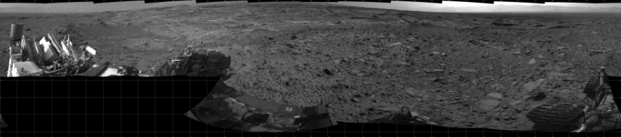 NASA's Mars rover Curiosity took 18 images in Gale Crater using its mast-mounted Left Navigation Camera (Navcam) to create this mosaic. The seam-corrected mosaic provides a 360-degree cylindrical projection panorama of the Martian surface centered at 180 degrees azimuth (measured clockwise from north). Curiosity took the images on August 21, 2015, Sol 1080 of the Mars Science Laboratory mission at drive 1216, site number 49. The local mean solar time for the image exposures was from 3 PM to 4 PM. Each Navcam image has a 45 degree field of view. CREDIT: NASA/JPL-Caltech