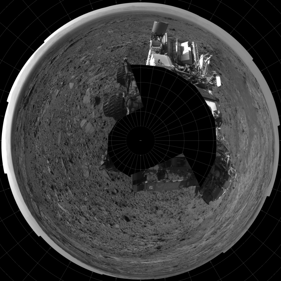 NASA's Mars rover Curiosity took 18 images in Gale Crater using its mast-mounted Left Navigation Camera (Navcam) to create this mosaic. The seam-corrected mosaic provides a polar stereographic projection panorama of the Martian surface with 0 degrees azimuth (measured clockwise from north) at the top of the image. Curiosity took the images on August 21, 2015, Sol 1080 of the Mars Science Laboratory mission at drive 1216, site number 49. The local mean solar time for the image exposures was from 3 PM to 4 PM. Each Navcam image has a 45-degree field of view. CREDIT: NASA/JPL-Caltech