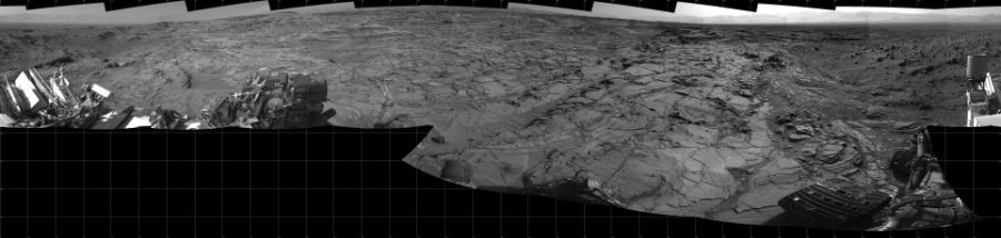 NASA's Mars rover Curiosity took 17 images in Gale Crater using its mast-mounted Left Navigation Camera (Navcam) to create this mosaic. The seam-corrected mosaic provides a 360-degree cylindrical projection panorama of the Martian surface centered at 180 degrees azimuth (measured clockwise from north). Curiosity took the images on August 24, 2015, Sol 1083 of the Mars Science Laboratory mission at drive 1420, site number 49. The local mean solar time for the image exposures was from 3 PM to 4 PM. Each Navcam image has a 45 degree field of view. CREDIT: NASA/JPL-Caltech