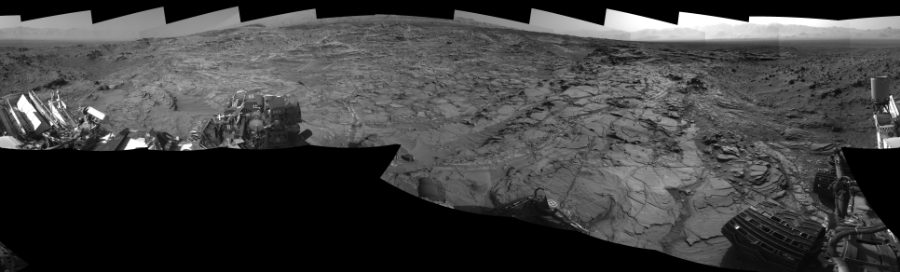 NASA's Mars rover Curiosity took 17 images in Gale Crater using its mast-mounted Left Navigation Camera (Navcam) to create this mosaic. The seam-corrected mosaic provides a 360-degree cylindrical-perspective projection panorama of the Martian surface suitable for stereo viewing, centered at 17 degrees azimuth (measured clockwise from north). This single-eye view must be combined with the partner right image to be viewed in stereo.  Curiosity took the images on August 24, 2015, Sol 1083 of the Mars Science Laboratory mission at drive 1420, site number 49. The local mean solar time for the image exposures was from 3 PM to 4 PM. Each Navcam image has a 45-degree field of view. CREDIT: NASA/JPL-Caltech