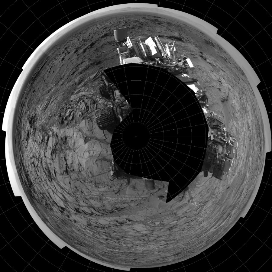 NASA's Mars rover Curiosity took 17 images in Gale Crater using its mast-mounted Left Navigation Camera (Navcam) to create this mosaic. The seam-corrected mosaic provides a polar stereographic projection panorama of the Martian surface with 0 degrees azimuth (measured clockwise from north) at the top of the image. Curiosity took the images on August 24, 2015, Sol 1083 of the Mars Science Laboratory mission at drive 1420, site number 49. The local mean solar time for the image exposures was from 3 PM to 4 PM. Each Navcam image has a 45-degree field of view. CREDIT: NASA/JPL-Caltech