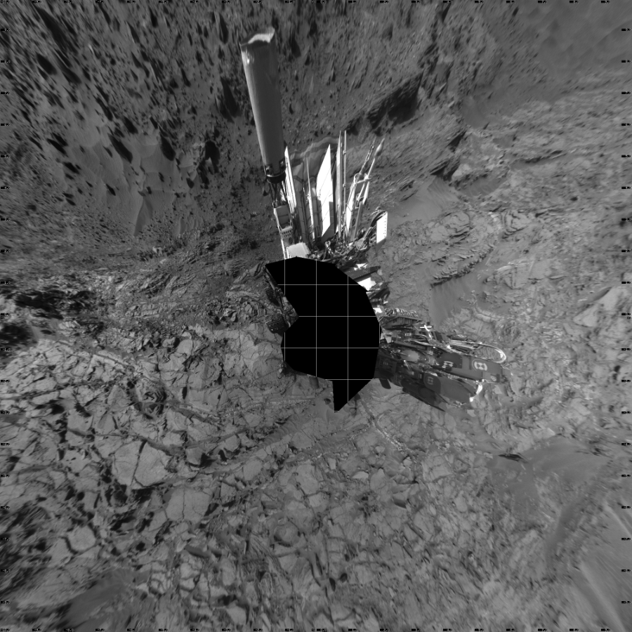 NASA's Mars rover Curiosity took 17 images in Gale Crater using its mast-mounted Left Navigation Camera (Navcam) to create this mosaic. The seam-corrected mosaic provides a vertical projection of the Martian surface near the rover, covering an area of 20 meters (north/south) by 20 meters (east/west). North is up in the image. This projection provides an overhead view, but introduces distortion for items not on the surface, such as large rocks and the rover itself.  Curiosity took the images on August 24, 2015, Sol 1083 of the Mars Science Laboratory mission at drive 1420, site number 49. The local mean solar time for the image exposures was from 3 PM to 4 PM. Each Navcam image has a 45-degree field of view. CREDIT: NASA/JPL-Caltech