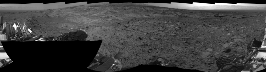 NASA's Mars rover Curiosity took 18 images in Gale Crater using its mast-mounted Right Navigation Camera (Navcam) to create this mosaic. The seam-corrected mosaic provides a 0-degree cylindrical-perspective projection panorama of the Martian surface suitable for stereo viewing, centered at 174 degrees azimuth (measured clockwise from north). This single-eye view must be combined with the partner left image to be viewed in stereo.  Curiosity took the images on August 21, 2015, Sol 1080 of the Mars Science Laboratory mission at drive 1216, site number 49. The local mean solar time for the image exposures was from 3 PM to 4 PM. Each Navcam image has a 45-degree field of view. CREDIT: NASA/JPL-Caltech