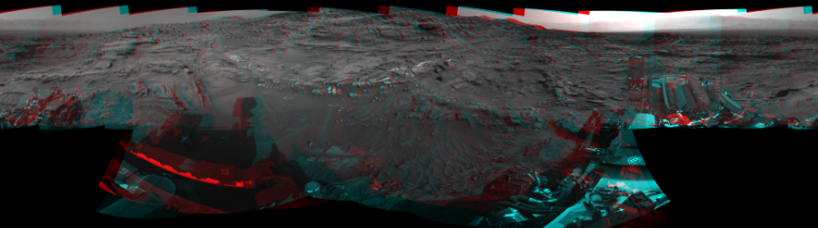 NASA's Mars rover Curiosity took 19 image pairs in Gale Crater using its mast-mounted Navigation Camera (Navcam) to create this mosaic. The seam-corrected mosaic provides a 360-degree cylindrical perspective projection panorama of the Martian surface suitable for stereo viewing, centered at 80 degrees azimuth (measured clockwise from north). This anaglyph must be viewed with red/blue glasses (red over left eye).  Curiosity took the images on August 26, 2015, Sol 1085 of the Mars Science Laboratory mission at drive 1798, site number 49. The local mean solar time for the image exposures was 4 PM. Each Navcam image has a 45-degree field of view. CREDIT: NASA/JPL-Caltech