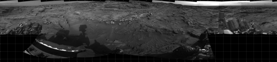 NASA's Mars rover Curiosity took 19 images in Gale Crater using its mast-mounted Left Navigation Camera (Navcam) to create this mosaic. The seam-corrected mosaic provides a 360-degree cylindrical projection panorama of the Martian surface centered at 180 degrees azimuth (measured clockwise from north). Curiosity took the images on August 26, 2015, Sol 1085 of the Mars Science Laboratory mission at drive 1798, site number 49. The local mean solar time for the image exposures was 4 PM. Each Navcam image has a 45 degree field of view. CREDIT: NASA/JPL-Caltech