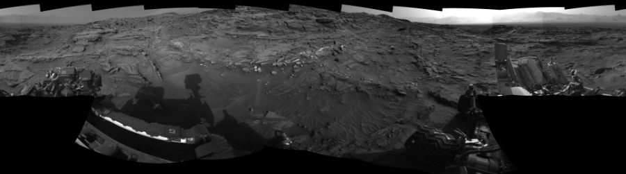 NASA's Mars rover Curiosity took 19 images in Gale Crater using its mast-mounted Left Navigation Camera (Navcam) to create this mosaic. The seam-corrected mosaic provides a 360-degree cylindrical-perspective projection panorama of the Martian surface suitable for stereo viewing, centered at 80 degrees azimuth (measured clockwise from north). This single-eye view must be combined with the partner right image to be viewed in stereo.  Curiosity took the images on August 26, 2015, Sol 1085 of the Mars Science Laboratory mission at drive 1798, site number 49. The local mean solar time for the image exposures was 4 PM. Each Navcam image has a 45-degree field of view. CREDIT: NASA/JPL-Caltech