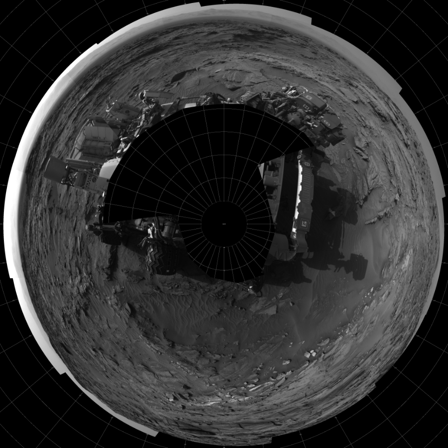 NASA's Mars rover Curiosity took 19 images in Gale Crater using its mast-mounted Left Navigation Camera (Navcam) to create this mosaic. The seam-corrected mosaic provides a polar stereographic projection panorama of the Martian surface with 0 degrees azimuth (measured clockwise from north) at the top of the image. Curiosity took the images on August 26, 2015, Sol 1085 of the Mars Science Laboratory mission at drive 1798, site number 49. The local mean solar time for the image exposures was 4 PM. Each Navcam image has a 45-degree field of view. CREDIT: NASA/JPL-Caltech