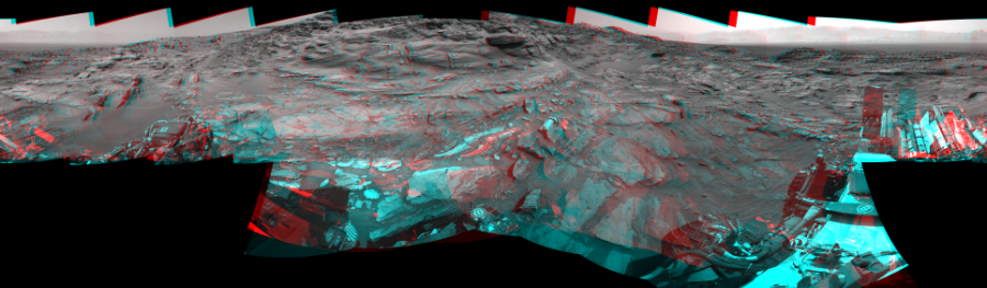 NASA's Mars rover Curiosity took 19 image pairs in Gale Crater using its mast-mounted Navigation Camera (Navcam) to create this mosaic. The seam-corrected mosaic provides a 360-degree cylindrical perspective projection panorama of the Martian surface suitable for stereo viewing, centered at 38 degrees azimuth (measured clockwise from north). This anaglyph must be viewed with red/blue glasses (red over left eye).  Curiosity took the images on August 28, 2015, Sol 1087 of the Mars Science Laboratory mission at drive 1876, site number 49. The local mean solar time for the image exposures was from 2 PM to 3 PM. Each Navcam image has a 45-degree field of view. CREDIT: NASA/JPL-Caltech