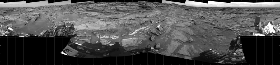 NASA's Mars rover Curiosity took 19 images in Gale Crater using its mast-mounted Left Navigation Camera (Navcam) to create this mosaic. The seam-corrected mosaic provides a 360-degree cylindrical projection panorama of the Martian surface centered at 180 degrees azimuth (measured clockwise from north). Curiosity took the images on August 28, 2015, Sol 1087 of the Mars Science Laboratory mission at drive 1876, site number 49. The local mean solar time for the image exposures was from 2 PM to 3 PM. Each Navcam image has a 45 degree field of view. CREDIT: NASA/JPL-Caltech